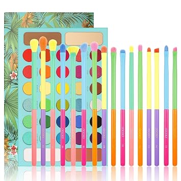 Docolor Juego de 16 pinceles de maquillaje de ojos coloridos + paleta de sombras de ojos tropicales de 34 colores, regalo de Navidad, mezcla de ojos sintéticos, juego de pinceles de sombra de ojos