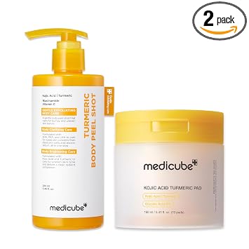 medicube Dúo suavizante y aclarador corporal: almohadillas de tóner de cúrcuma y ácido kójico | Exfoliación corporal suave y cuidado de la textura