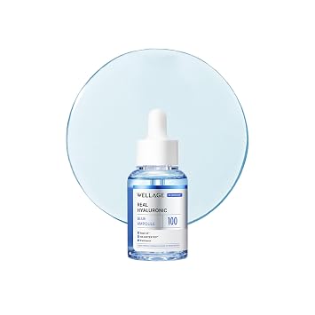 WELLAGE Real Ampolleta Azul de Ácido Hialurónico 100, Cuidado de la Piel Coreano, Suero de Ácido Hialurónico Sin Fragancia con Pantenol, Yam Silvestre, Centella para Hidratante de Piel Sensible y Seca