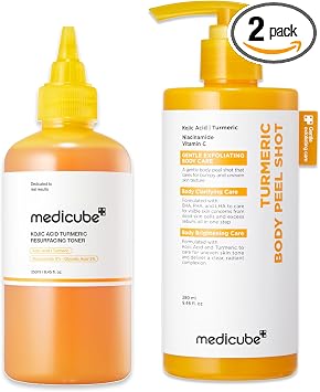 medicube Cúrcuma de ácido kójico Body Peel & Tone Duo: Cúrcuma Body Peel Shot y Tónico suavizante de ácido kójico | Exfoliación suave y cuidado de refinación de tono para pieles irregulares