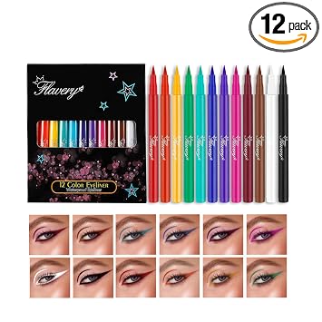 Juego de delineador líquido de 12 colores, lápiz delineador de ojos neón colorido, lápiz de color mate, impermeable, de larga duración, pigmentado, delineador de ojos arcoíris, kit de regalo de maquillaje para mujeres (multicolor)