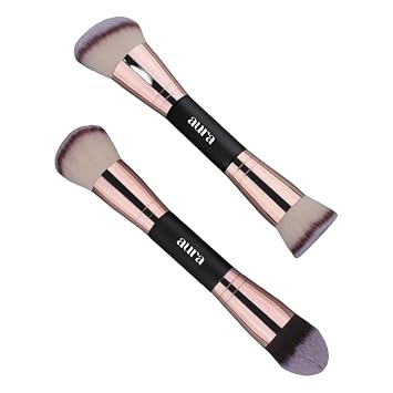 Aura Brochas de maquillaje facial, 2 brochas de maquillaje de doble punta para aplicar líquido, crema y polvo. Incluye pinceles planos, de contorno, en ángulo y de mezcla. Brochas de base y mezcla. Kabuki