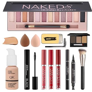 Kit completo de maquillaje todo en uno para mujeres, juego de regalo de maquillaje para mujeres, adolescentes y niñas, incluye 12 colores de sombra de ojos, base, lápiz labial, rímel, cepillo, esponja