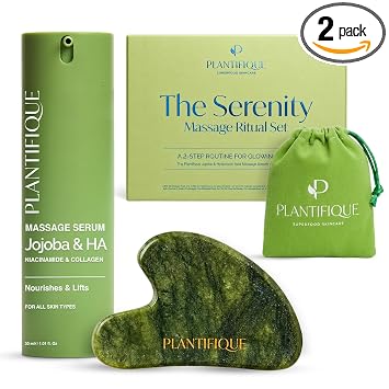 PLANTIFIQUE Set de Ritual de Masaje: Juego Premium Certificado de Jade Gua Sha + Aceite de Jojoba y Suero de Ácido Hialurónico para el Cuidado de la Piel, Regalos de Cumpleaños para Mujeres