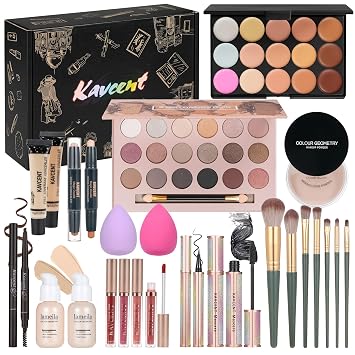 KAVCENT Kit de maquillaje para adolescentes, kits de maquillaje para mujeres, adolescentes, paleta de sombra de ojos, base, corrector, brillo de labios, polvo suelto, kit de maquillaje para mujeres