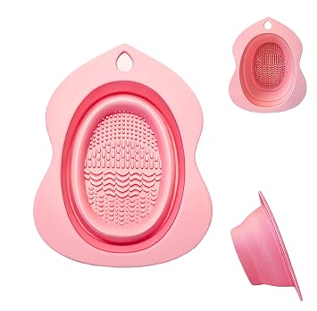 Limpiador de brochas de maquillaje, tapete de silicona – 4 texturas de limpieza profunda con agujero para colgar, plegable, apto para cerdas para viajes, hogar, maquillaje, esponja y limpieza (rosa)