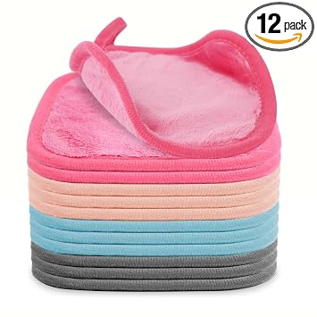 Puomue Paquete de 12 paños desmaquillantes de microfibra ultra suaves y reutilizables para todo tipo de piel, toallas faciales perfectas para mujeres, 6 x 6 pulgadas, multicolor