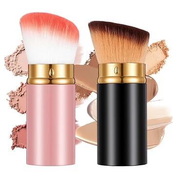 Brocha de maquillaje Kabuki retráctil, portátil, para rubor, Kabuki, cepillo de viaje para rostro, polvo impecable, con tapa, cerdas suaves para mujeres, base, bronceador, líquido de pulido, crema