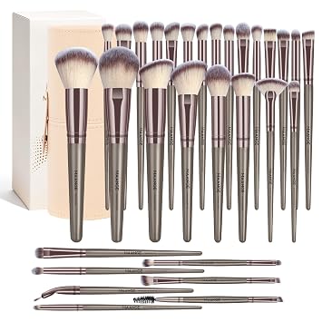 MAANGE Juego de 30 brochas de maquillaje profesional con estuche de viaje, Kabuki, base, polvo, rubor, mezcla y pinceles para sombra de ojos, etiquetados para caja lista para regalo, champán