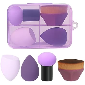 1 brochas de base, juego de 3 esponjas de maquillaje, esponja para mezclar en húmedo y seco, aplicador de maquillaje cosmético, corrector facial, cepillo para ojos, palitos de polvo con mango (morado)
