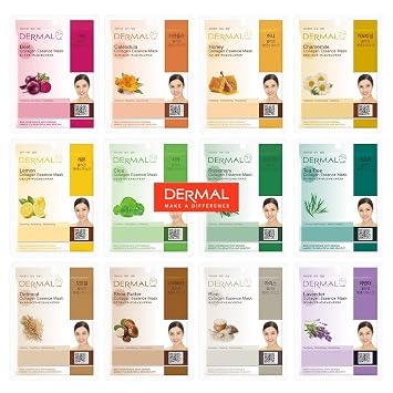 DERMAL Paquete combinado de 12 mascarillas coreanas con esencia de colágeno, hidratante y calmante, mascarilla unisex para tratamiento de la piel
