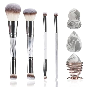 Juego de brochas de maquillaje grises, 4 pinceles de doble extremo, 3 esponjas de maquillaje y 1 soporte de metal, juego completo profesional de brochas cosméticas, para sombra de ojos de