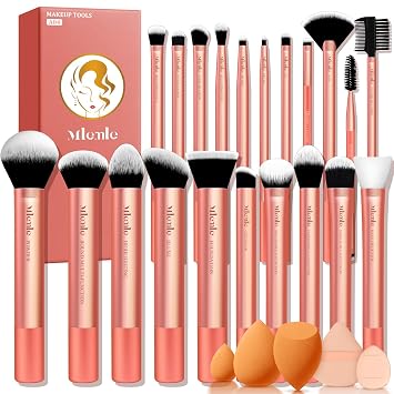 Mlemle - Juego de brochas de maquillaje profesional de 26 piezas, incluye corrector de rubor, base, sombras de ojos, 21 brochas de maquillaje y 2 esponjas de polvo, 3 esponjas de maquillaje (A04)