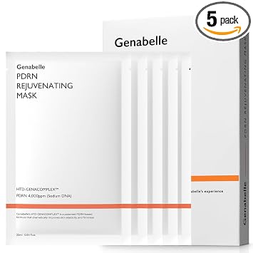 Genabelle PDRN Hoja de máscara rejuvenecedora – Hoja de máscara de vidrio ligero para piel y tonificante con PDRN, niacinamida, ácido hialurónico, para hidratar profundamente, enfriar y rellenar visiblemente la piel, 0.84 onzas líquidas x 5ea