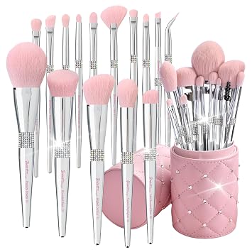 Bueart Design Juego elegante de brochas de maquillaje rosa pálido ultra suaves con etiqueta, set de brochas de maquillaje con soporte para polvo base, colorete, contorno (15 piezas, rosa pálido con