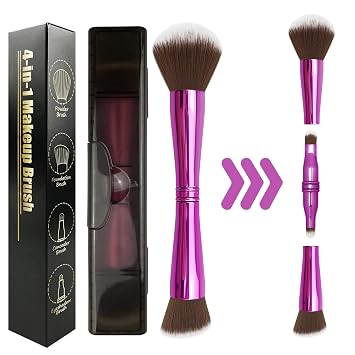 Juego de brochas de maquillaje 4 en 1, brochas de maquillaje de viaje con estuche, mini brochas de maquillaje, polvo, base, corrector, sombra de ojos, doble extremo, cerdas sintéticas, morado