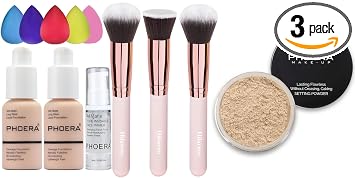 PHOERA - Juego de base de maquillaje para mujer, cobertura completa, base de maquillaje facial, brocha para polvo, polvo facial de base PHOERA, polvo suave para fijar el enfoque