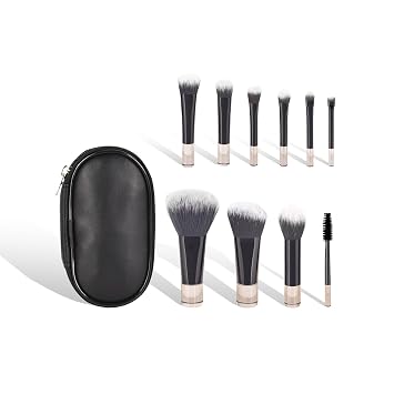 Portable 10Pcs Mini Makeup Brush Set with Travel Pouch, Small Cosmetic Brushes Kit for Foundation, Blush, Eyeshadow, Powder, Contour