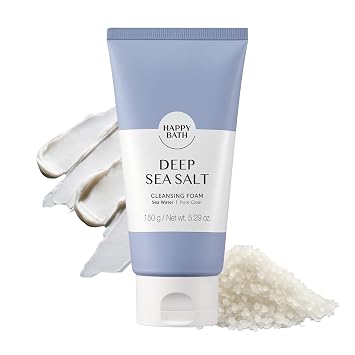 HAPPY BATH Limpiador facial de sal marina profunda, lavado facial exfoliante con cuentas de celulosa, combinación con piel grasa, limpiador facial espumoso coreano, fórmula suave para uso diario, 5.29