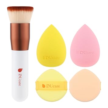 DUcare Brocha de base con esponjas de maquillaje, 5 piezas, cepillo Kabuki con parte superior plana para mezclar líquidos, polvo mineral, pulir punteado