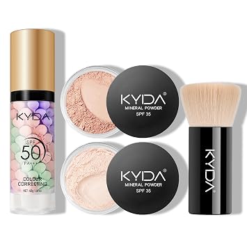 KYDA Kit de maquillaje mineral, incluye imprimación correctora de color SPF 50, base de polvo suelto SPF 35 + polvo de ajuste suelto translúcido, brocha de base, juego de iniciación de maquillaje, tamaño de viaje, bastante mediano