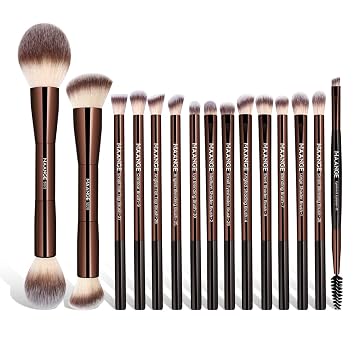 MAANGE Juego de 15 brochas de maquillaje de doble extremo, cepillo de maquillaje de doble cara en ángulo/redondo, base de maquillaje, mezcla de contorno, corrector de sombra de ojos (café)