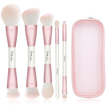 START MAKERS Juego de 5 brochas de maquillaje rosadas de doble punta para base, rubor, bronceador, corrector, polvo de contorno, resaltado, mezcla de sombra de ojos, brochas de maquillaje de viaje con bolsa