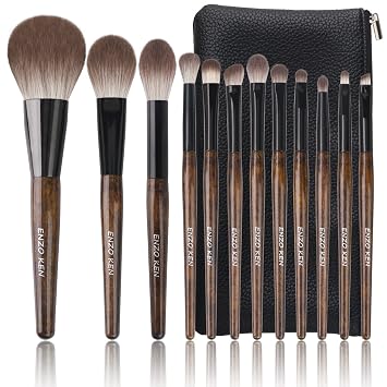 ENZO KEN MONI - Juego de brochas de maquillaje de pelo natural de cabra con estuche, pinceles de maquillaje de cerdas naturales, juego de brochas de maquillaje de cabello natural profesional, juego de