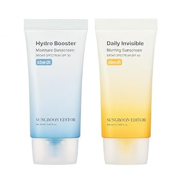 SUNGBOON EDITOR Dúo de protector solar: Hydro Booster Humedad y desenfoque invisible diario, no grasoso, ligero, ligero, esencial de viaje