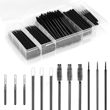 230 piezas de suministros de laminación de cejas con caja de plástico, micro cepillo de cejas negro, espirales desechables, aplicadores de labios, cepillo de pestañas, varitas de rímel, hisopos micro