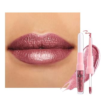 Kaely Lápiz labial metálico malva 2 en 1 y delineador de labios, lápices labiales metálicos líquidos brillantes para mujeres, brillo labial con purpurina de larga duración, impermeable, a prueba de manchas 24 horas, vegano y libre de crueldad, 16