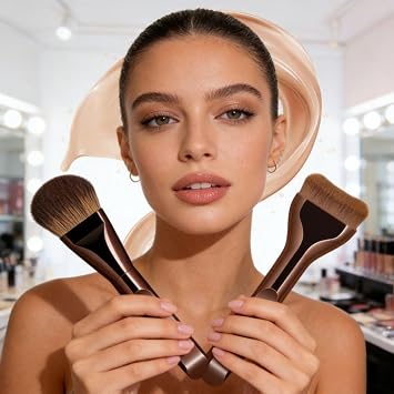2 Pcs Flat Foundation Brush, Facial Brush for Liquid, Premium Face Makeup Brush for Blending Cream, Spatula Makeup Brush, Densely Packed Bristles (Brown)