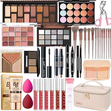 Kit de maquillaje todo en uno, kit de maquillaje para mujeres, kit completo de regalo de maquillaje de viaje para mujeres, adolescentes y niñas, incluye sombra de ojos, lápiz labial, delineador de ojos, juego de brochas para lápices de cejas, principiantes