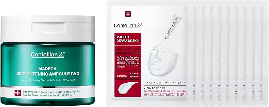 CENTELLIAN 24 Madeca - Mascarilla facial Derma (10 unidades) + almohadilla de ampolla de doble apriete (5.58 onzas líquidas x 60 piezas) – Cuidado coreano de la piel para pieles sensibles,