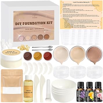 JCOOS Kit de fabricación de base de bricolaje, haz tu propio maquillaje de base líquida de color con manteca de karité, aceite de almendras, polvos de pigmento, aceites esenciales, corrector hidratante para mujeres, todo tono de piel