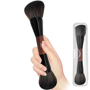 JILIER Brocha de polvo de doble extremo, resaltador de pincel bronceador duo, cepillo de contorno de base, para líquido, crema, polvo, mezcla, pulido, cerdas de alta calidad, pinceles de maquillaje con mango de madera natural