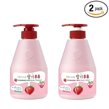 Kwailnara WELCOS Set de Loción Corporal y Gel de Baño de Leche de Fresa – Set de Cuidado de la Piel Coreano Hidratante y Revitalizante con Extracto de Fresa, 560g / 19.75oz Cada Uno