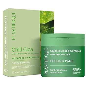 PLANTIFIQUE Mascarilla coreana Chill Cica 5 unidades y almohadillas de tóner de ácido glicólico, 60 unidades, calmante y calmante
