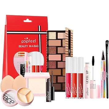 FantasyDay Juego de maquillaje de viaje, incluye paleta de sombras de ojos, polvo, lápiz labial, brillo de labios, delineador de ojos, corrector de rímel, etc. Comestic Essential Starter Makeup Set de