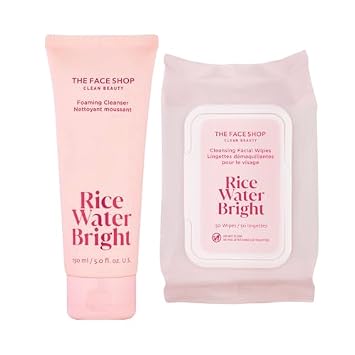 The Face Shop Korean Rice Cleansing Duo – Espuma limpiadora doble con extracto de arroz y toallitas de maquillaje para todo tipo de piel