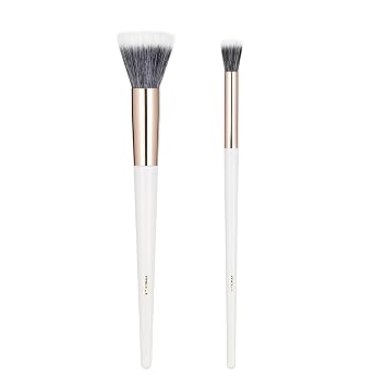 MSQ Stipple - Brochas para rubor, 2 brochas de fibra doble para punteado, cepillo de maquillaje con parte superior plana, ideal para mezclar, resaltar, rubor, contorno, crema, base, blanco liso y