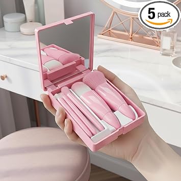 5Pcs Travel Makeup Brush Set, Portable Mini Makeup Brushes with Mirror Case for Foundation Powder Blush Eyeshadow Concealer, Pink