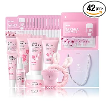Set de Cuidado de la Piel Sakura Conjuntos de Regalo de Belleza para Mujeres Kit Coreano de Cuidado de la Piel - Limpiador, Suero, Crema Facial, Tónico, Crema para Ojos, Mascarilla de Barro - Kit de