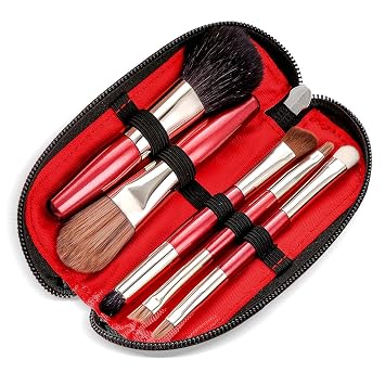 Protable - Juego de mini brochas de maquillaje con estuche de viaje, 5 brochas cosméticas (cabello natural y sintético), incluye base, contorno, mezcla, rubor y pinceles de sombra de ojos (tamaño de