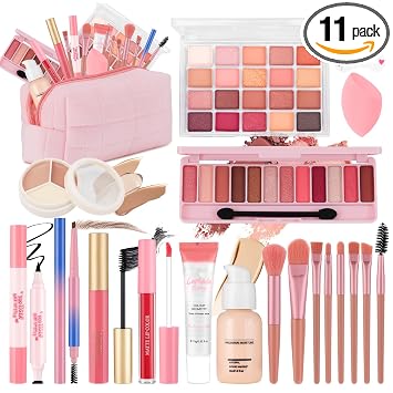 Kit de Maquillaje Todo en Uno para Adolescentes Principiantes con Base, Prebase Facial, Sombra de Ojos, Lápiz Labial, Delineador de Ojos, Rímel, Pinceles, Bolsa, Set de Regalo de Maquillaje Apto para