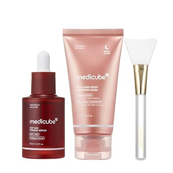 medicube Conjunto reafirmante para cara y cuello durante la noche, suero NAD, máscara de envoltura de colágeno y cepillo de gelatina para la máscara