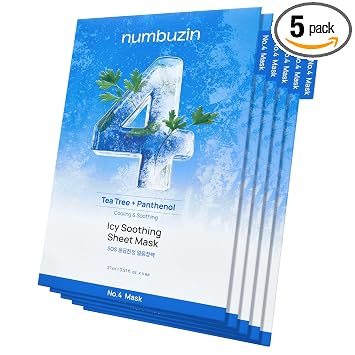 numbuzin Máscara de hoja No.4 | Máscara de hoja calmante helada | Enfriamiento instantáneo, hidratante con extracto de árbol de té, extracto de hoja de bergamota | Calma, alivia la piel calentada | Cuidado de la piel coreano | 5 hojas