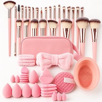 Juego de brochas de maquillaje y belleza de 56 piezas, color rosa