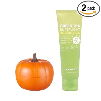TONYMOLY Green Tea Protector solar SPF 50 con crema de ojos de retinol regordeta de kin, paquete coreano de cuidado de la piel con extracto de calabaza y té verde para protección solar facial