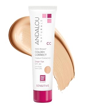 Andalou Naturals 1000 Roses CC Color + Corrector con SPF 30, Tono Claro, Protector Solar Facial 2 en 1 + Crema CC para Piel Sensible, Ayuda a Corregir el Tono de Piel Desigual, Protector Solar Seguro